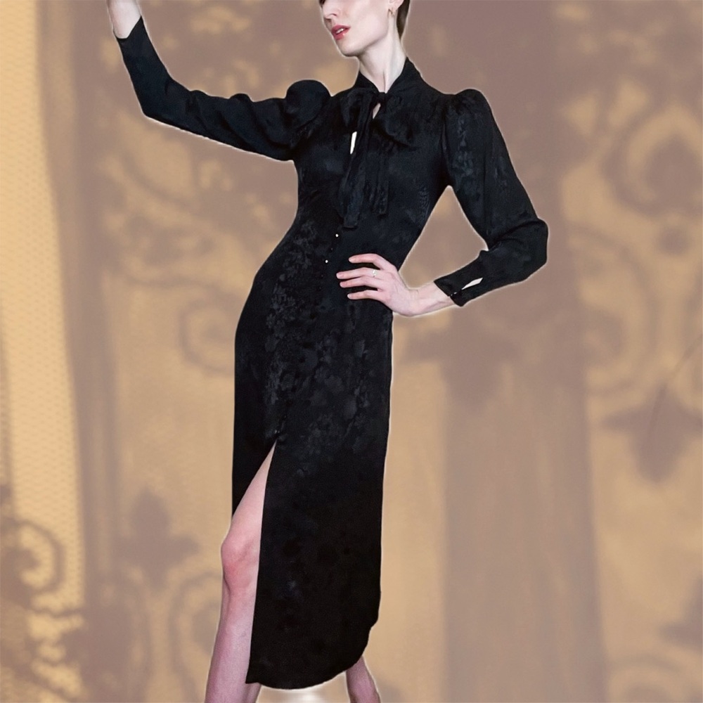 ARITZIA NEW Le Fou 100% Silk Black Floral Satin Long Sleeve Tie Neck Mambo Dress - Picture 4 of 15